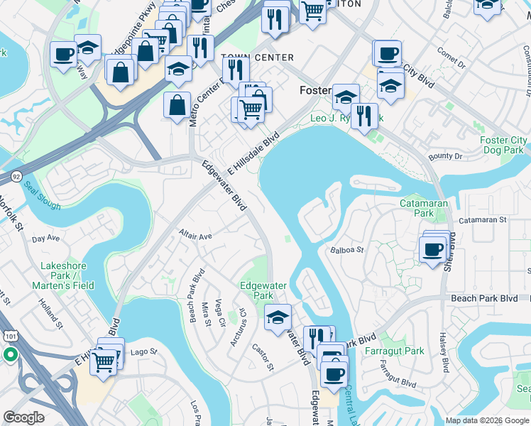 map of restaurants, bars, coffee shops, grocery stores, and more near 833 Rigel Lane in Foster City