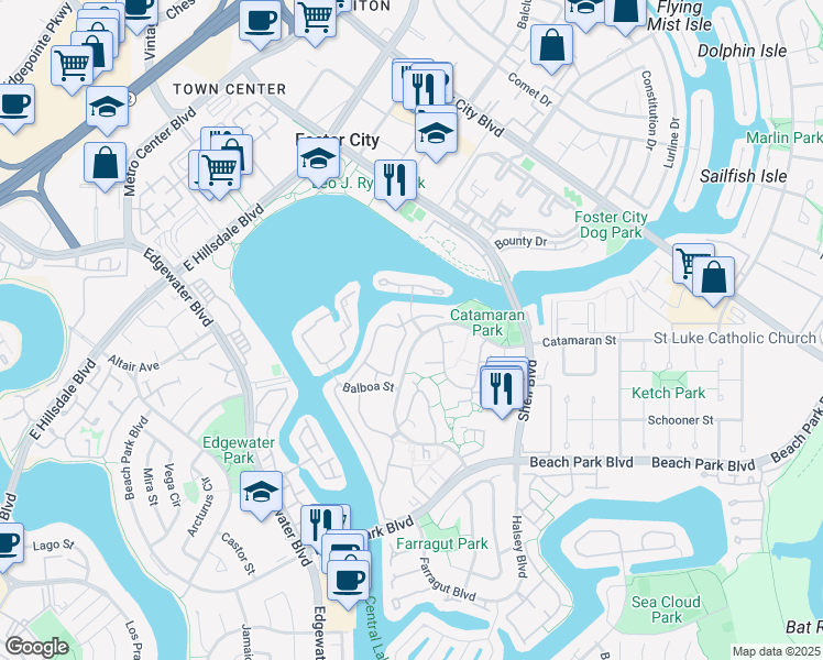map of restaurants, bars, coffee shops, grocery stores, and more near 982 De Soto Lane in Foster City