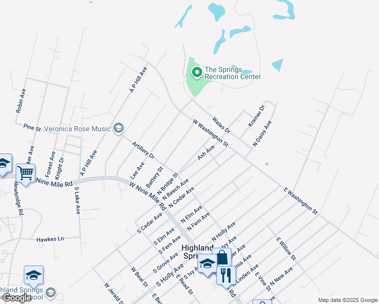 map of restaurants, bars, coffee shops, grocery stores, and more near 122 North Bridge Street in Highland Springs