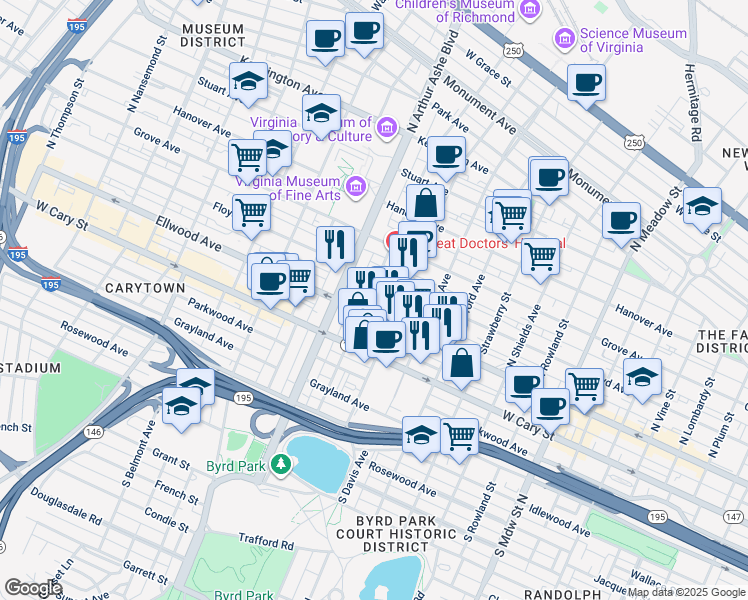 map of restaurants, bars, coffee shops, grocery stores, and more near 5 North Mulberry Street in Richmond