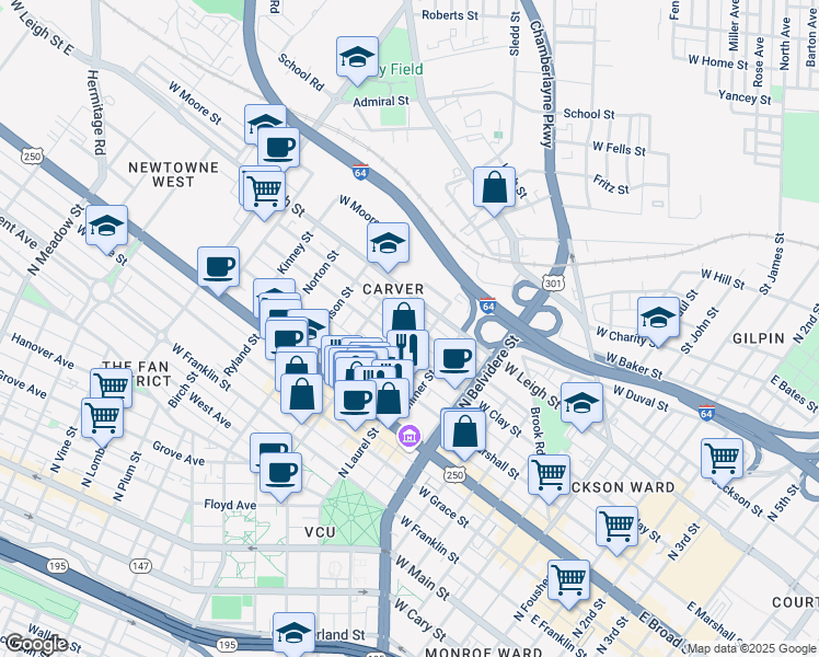 map of restaurants, bars, coffee shops, grocery stores, and more near 911 Catherine Street in Richmond