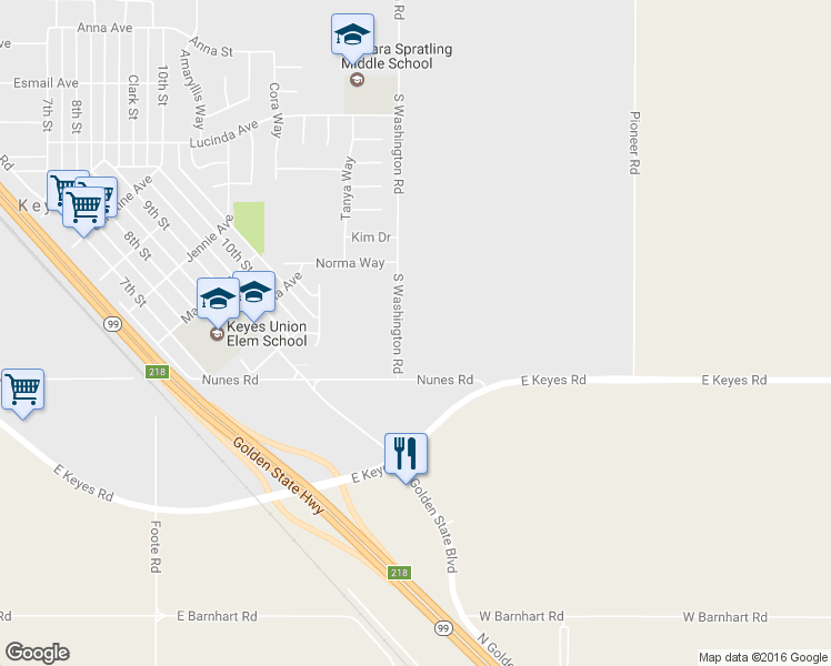 map of restaurants, bars, coffee shops, grocery stores, and more near 5848 Washington Road in Hughson