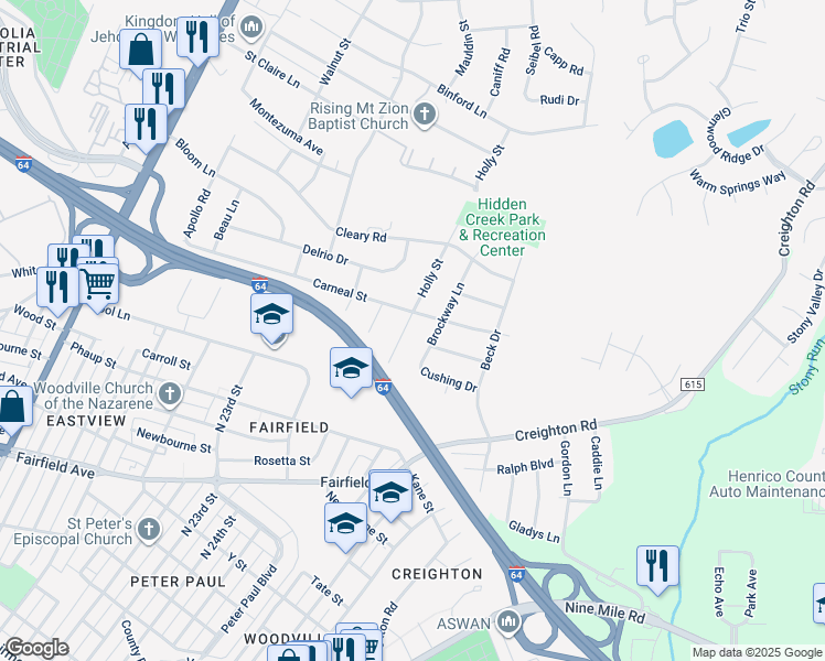 map of restaurants, bars, coffee shops, grocery stores, and more near 2009 Holly Street in Richmond