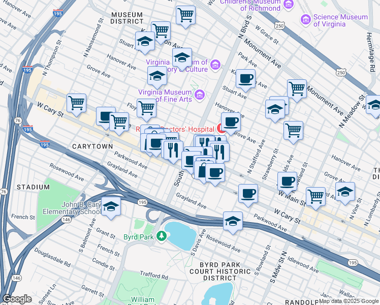 map of restaurants, bars, coffee shops, grocery stores, and more near W Main St & S Boulevard in Richmond