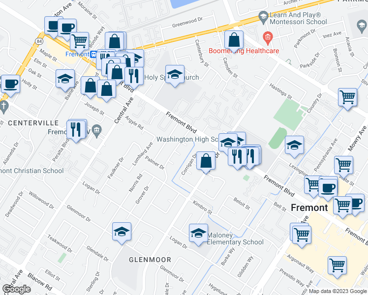 map of restaurants, bars, coffee shops, grocery stores, and more near 38127 Ellis Court in Fremont