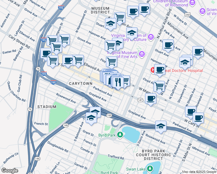 map of restaurants, bars, coffee shops, grocery stores, and more near 3027 West Cary Street in Richmond