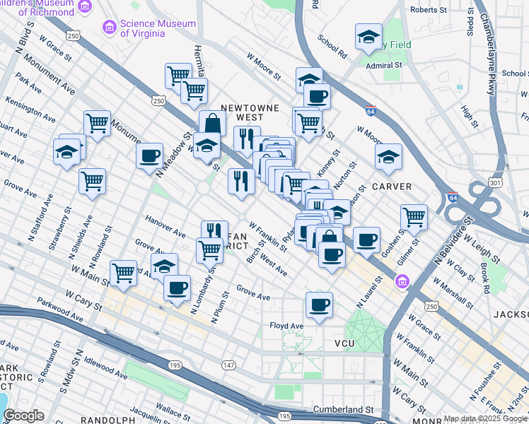 map of restaurants, bars, coffee shops, grocery stores, and more near 1127 West Grace Street in Richmond