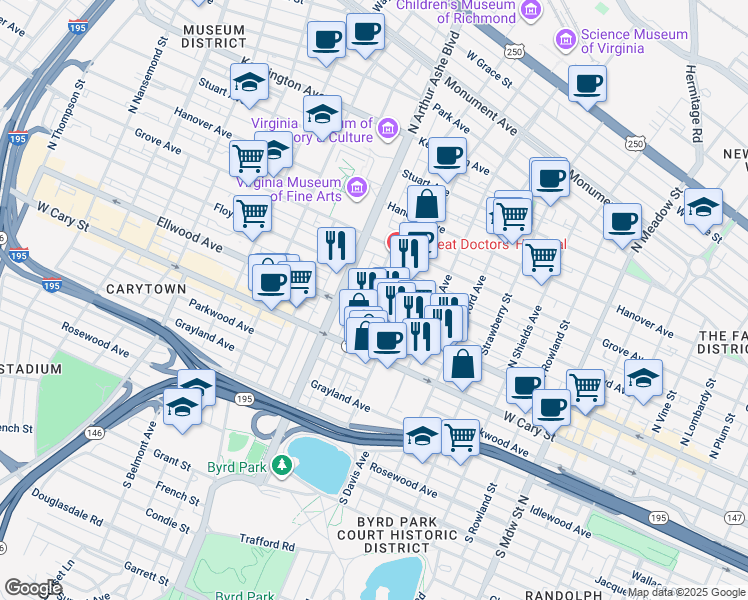 map of restaurants, bars, coffee shops, grocery stores, and more near 5 North Mulberry Street in Richmond