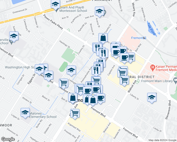 map of restaurants, bars, coffee shops, grocery stores, and more near in Fremont
