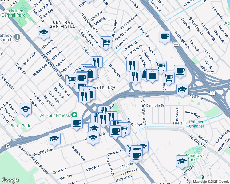 map of restaurants, bars, coffee shops, grocery stores, and more near in San Mateo