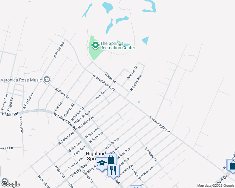 map of restaurants, bars, coffee shops, grocery stores, and more near 212 North Cedar Avenue in Highland Springs