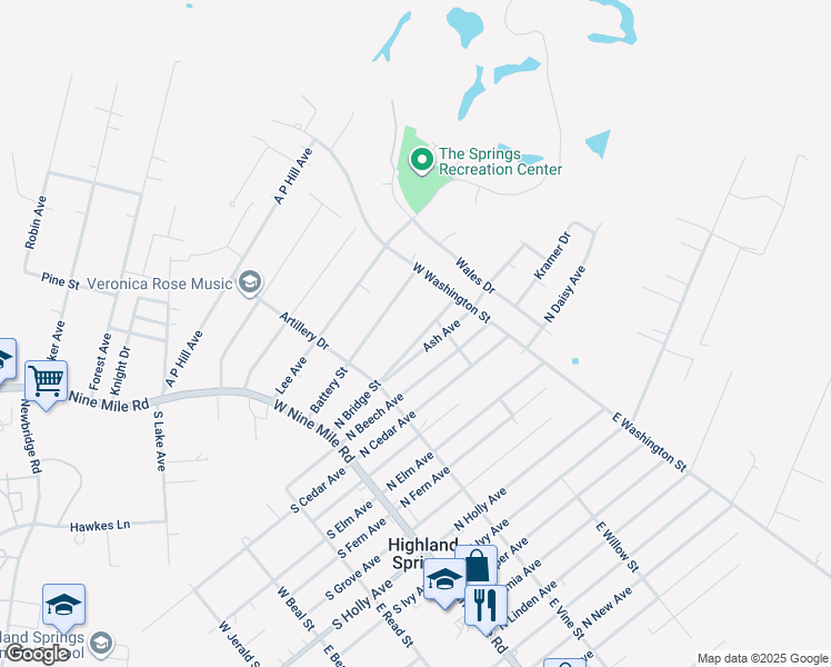 map of restaurants, bars, coffee shops, grocery stores, and more near 124 North Bridge Street in Highland Springs
