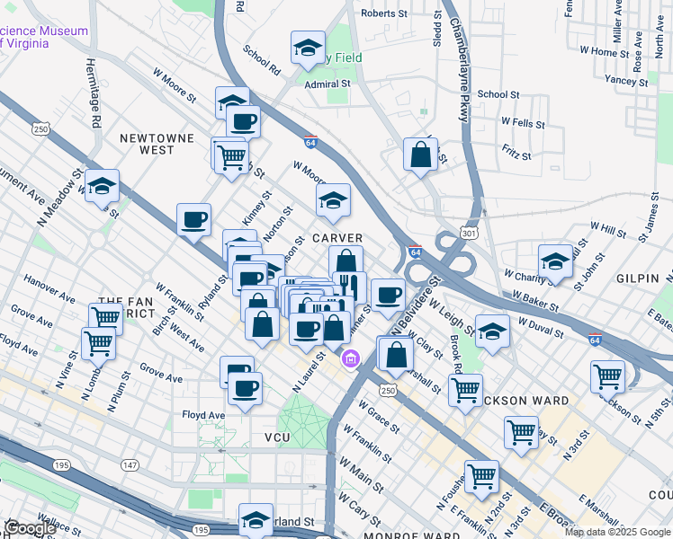 map of restaurants, bars, coffee shops, grocery stores, and more near 909 Catherine Street in Richmond