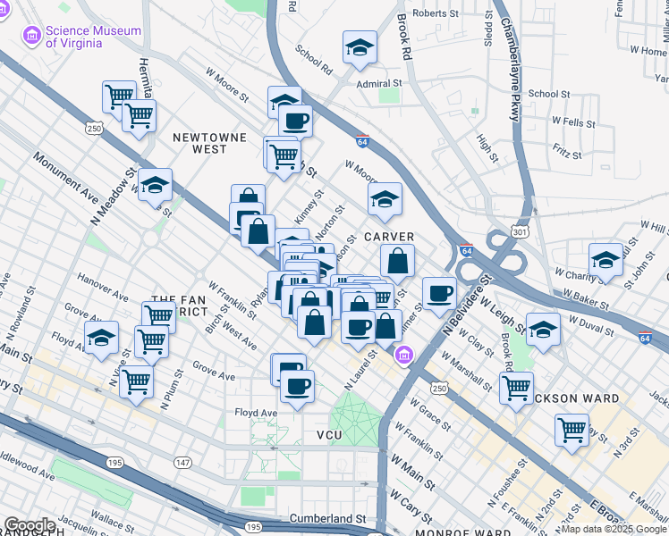map of restaurants, bars, coffee shops, grocery stores, and more near 1114 1/2 West Marshall Street in Richmond
