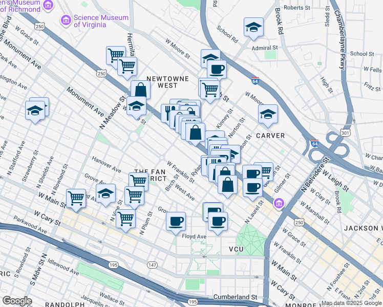 map of restaurants, bars, coffee shops, grocery stores, and more near 1115 West Grace Street in Richmond