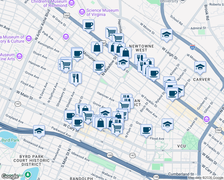 map of restaurants, bars, coffee shops, grocery stores, and more near 1801 Park Avenue in Richmond