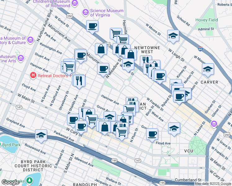 map of restaurants, bars, coffee shops, grocery stores, and more near 1801 Park Avenue in Richmond