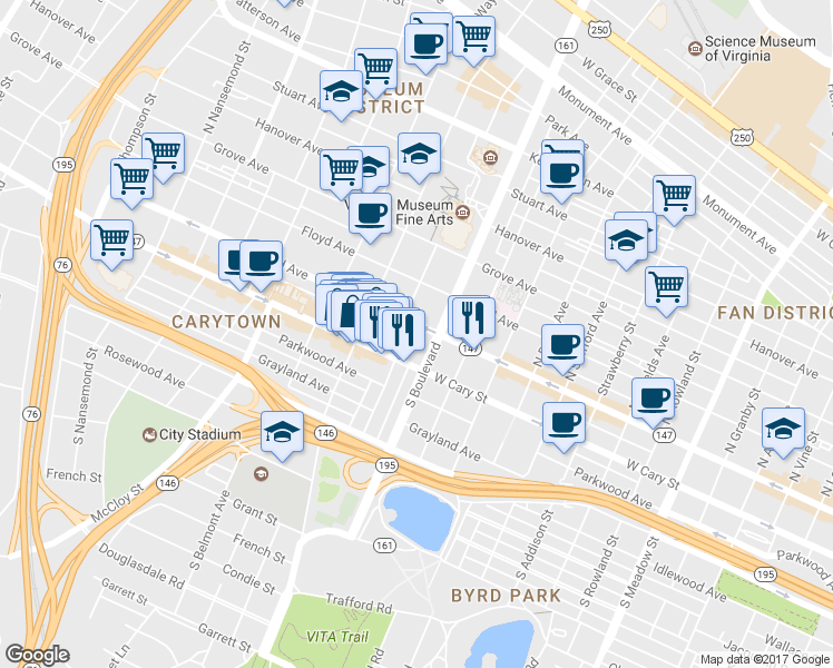map of restaurants, bars, coffee shops, grocery stores, and more near 8 South Arthur Ashe Boulevard in Richmond