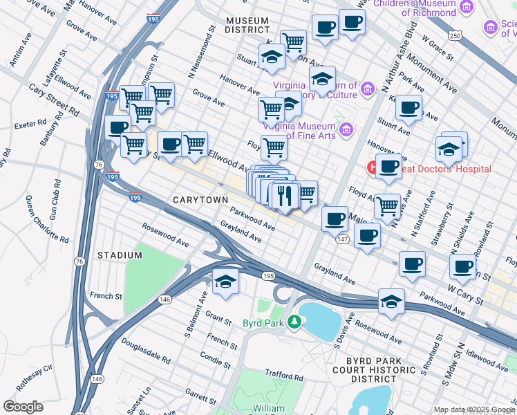 map of restaurants, bars, coffee shops, grocery stores, and more near in Richmond
