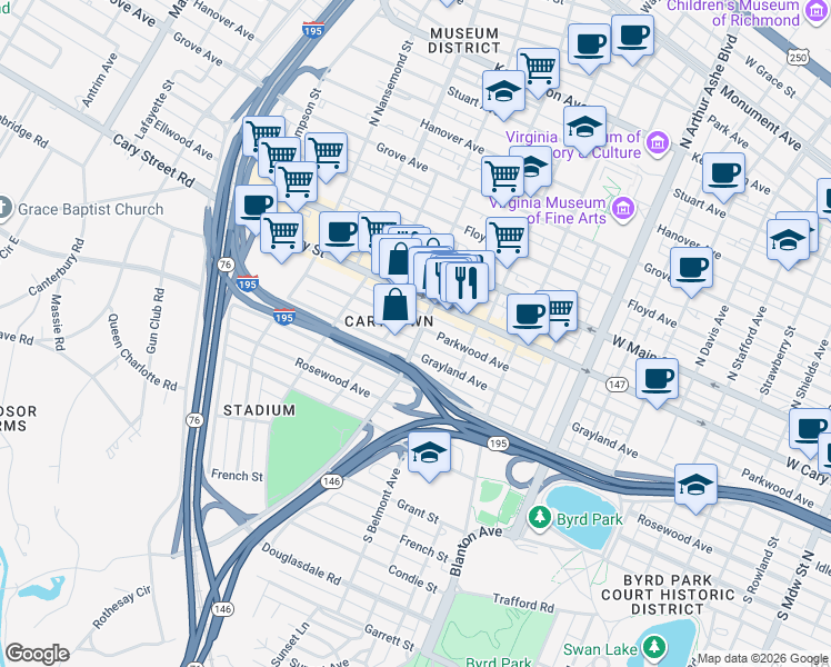 map of restaurants, bars, coffee shops, grocery stores, and more near 3137 Parkwood Avenue in Richmond