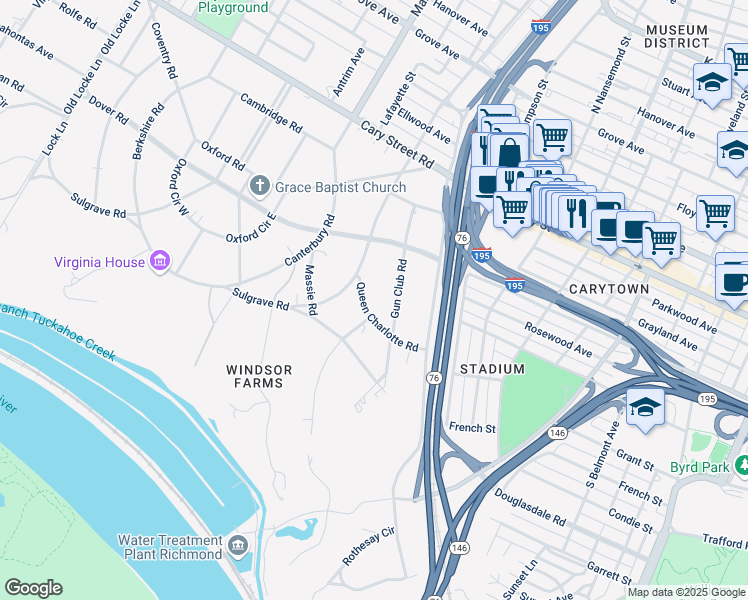 map of restaurants, bars, coffee shops, grocery stores, and more near 212 Queen Charlotte Road in Richmond