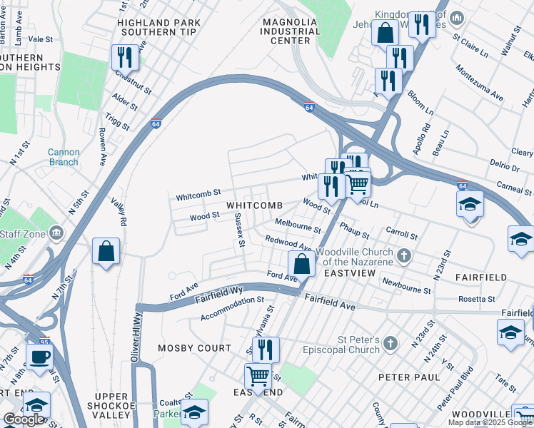 map of restaurants, bars, coffee shops, grocery stores, and more near 1900 Conrad Street in Richmond