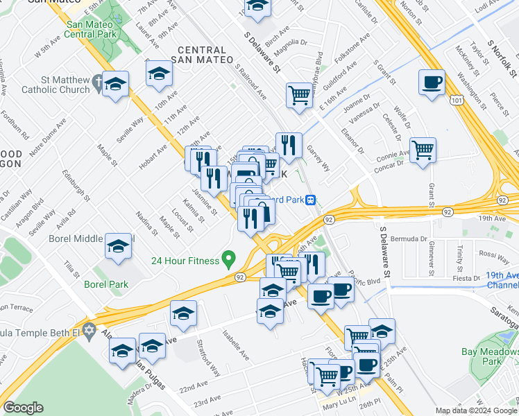 map of restaurants, bars, coffee shops, grocery stores, and more near 88 17th Avenue in San Mateo