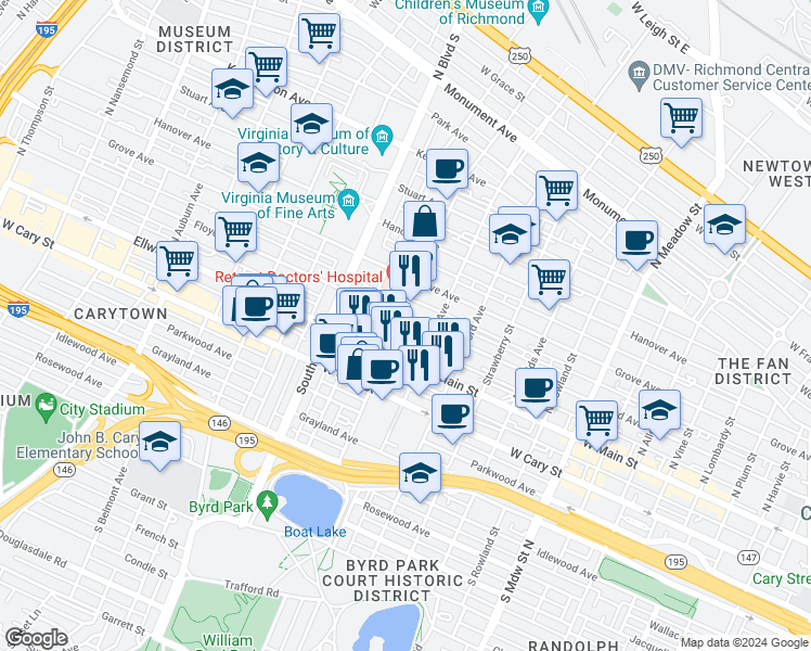 map of restaurants, bars, coffee shops, grocery stores, and more near 2523 Floyd Avenue in Richmond