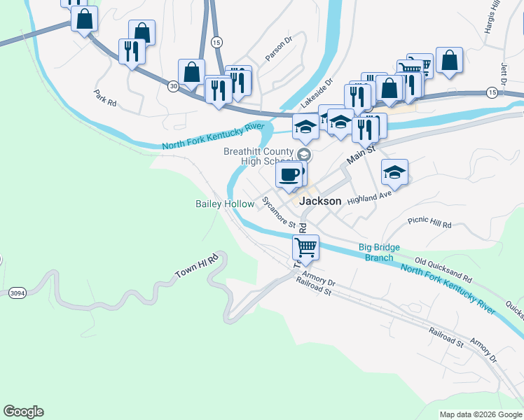 map of restaurants, bars, coffee shops, grocery stores, and more near 215 Sycamore Street in Jackson