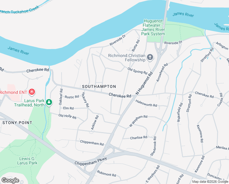 map of restaurants, bars, coffee shops, grocery stores, and more near 8642 Cherokee Road in Richmond