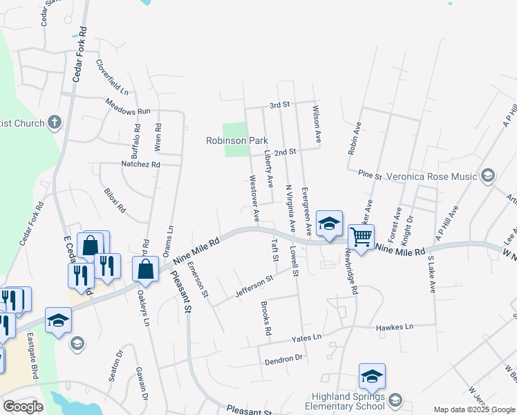 map of restaurants, bars, coffee shops, grocery stores, and more near 5701 1st Street in Richmond