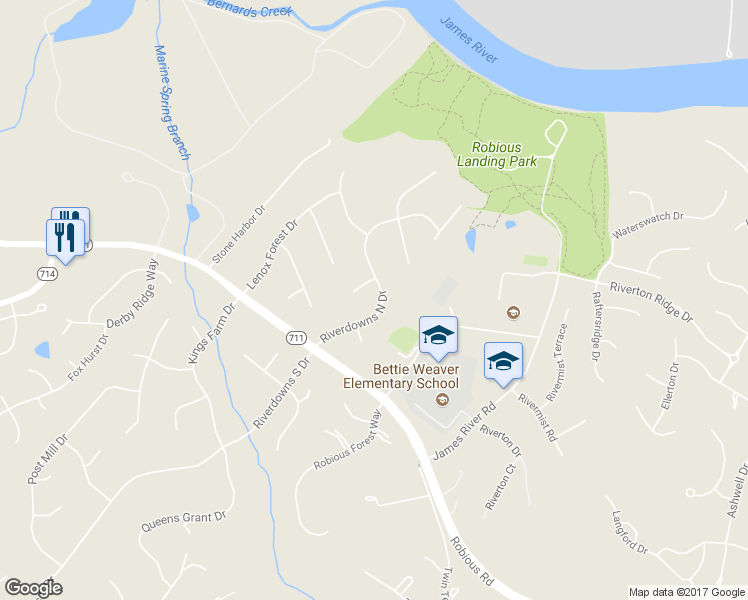 map of restaurants, bars, coffee shops, grocery stores, and more near 3724 Riverdowns North Drive in Midlothian