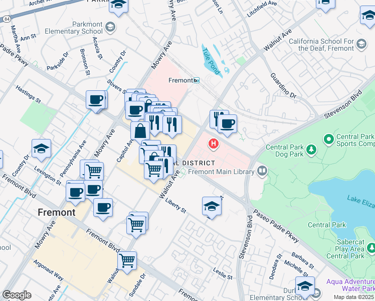 map of restaurants, bars, coffee shops, grocery stores, and more near 2826 Walnut Avenue in Fremont