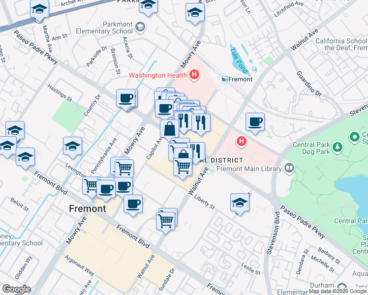 map of restaurants, bars, coffee shops, grocery stores, and more near 39199 Paseo Padre Parkway in Fremont