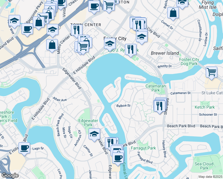 map of restaurants, bars, coffee shops, grocery stores, and more near 617 Portofino Lane in Foster City