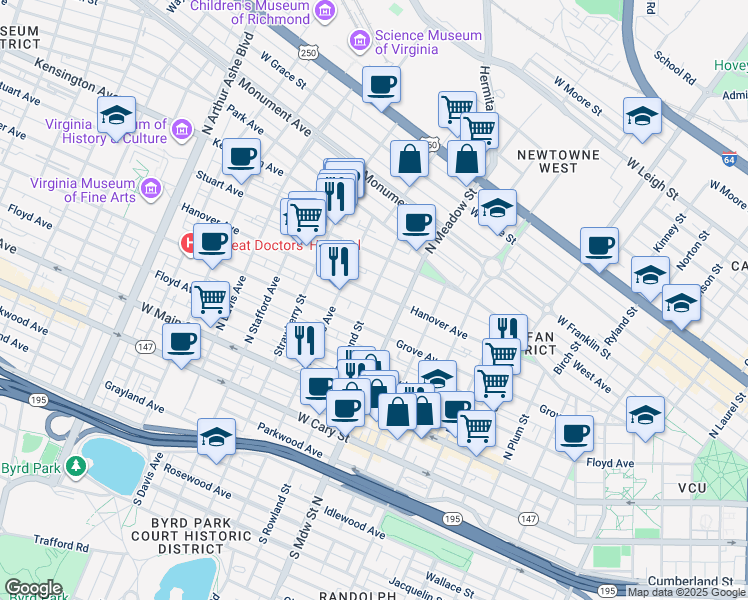 map of restaurants, bars, coffee shops, grocery stores, and more near 2027 Hanover Avenue in Richmond