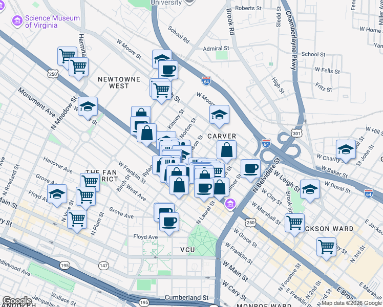 map of restaurants, bars, coffee shops, grocery stores, and more near 1116 West Marshall Street in Richmond