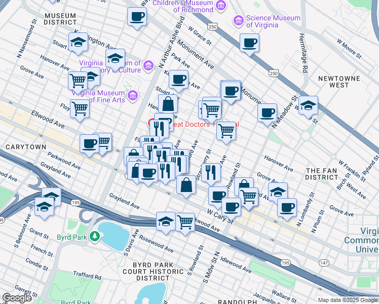 map of restaurants, bars, coffee shops, grocery stores, and more near 106 North Stafford Avenue in Richmond