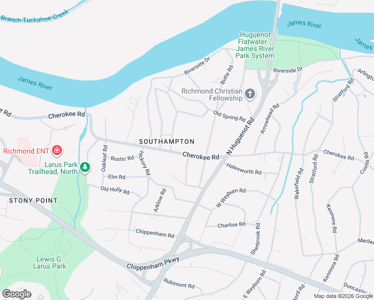 map of restaurants, bars, coffee shops, grocery stores, and more near 8642 Cherokee Road in Richmond