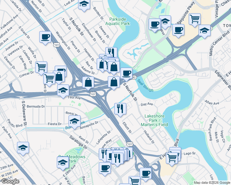 map of restaurants, bars, coffee shops, grocery stores, and more near 1900 South Norfolk Street in San Mateo