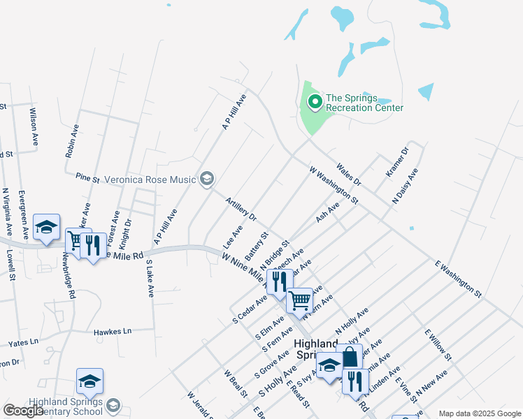 map of restaurants, bars, coffee shops, grocery stores, and more near 107 Lee Avenue in Highland Springs