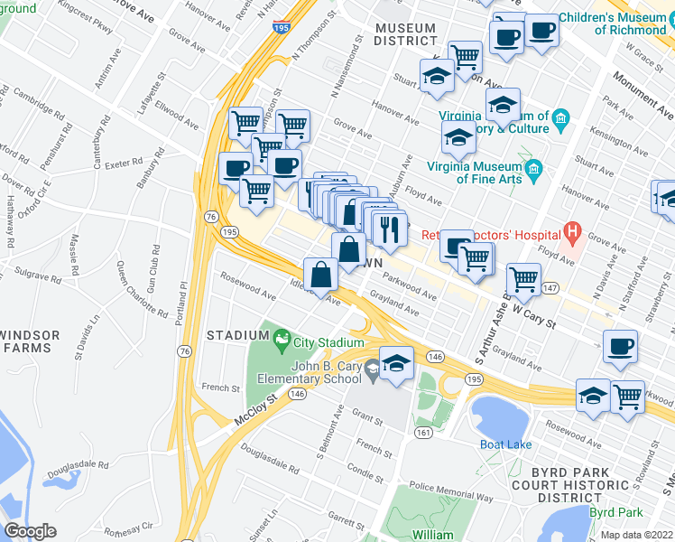 map of restaurants, bars, coffee shops, grocery stores, and more near in Richmond