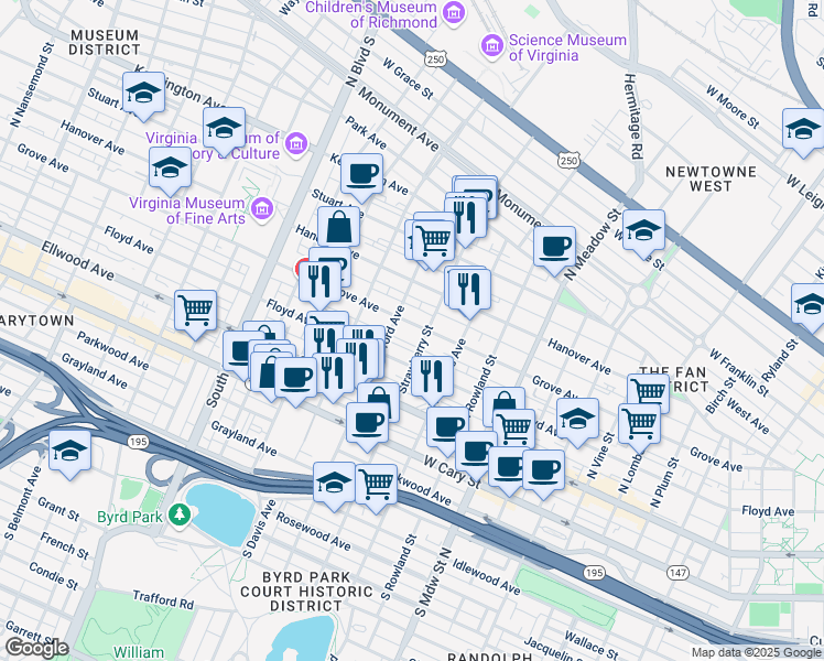 map of restaurants, bars, coffee shops, grocery stores, and more near 2311 Grove Avenue in Richmond