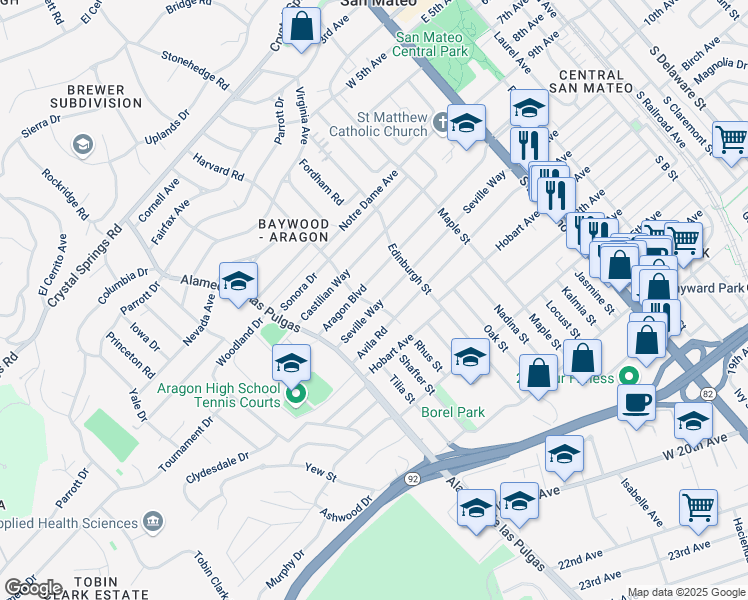 map of restaurants, bars, coffee shops, grocery stores, and more near 1019 Harvard Road in San Mateo