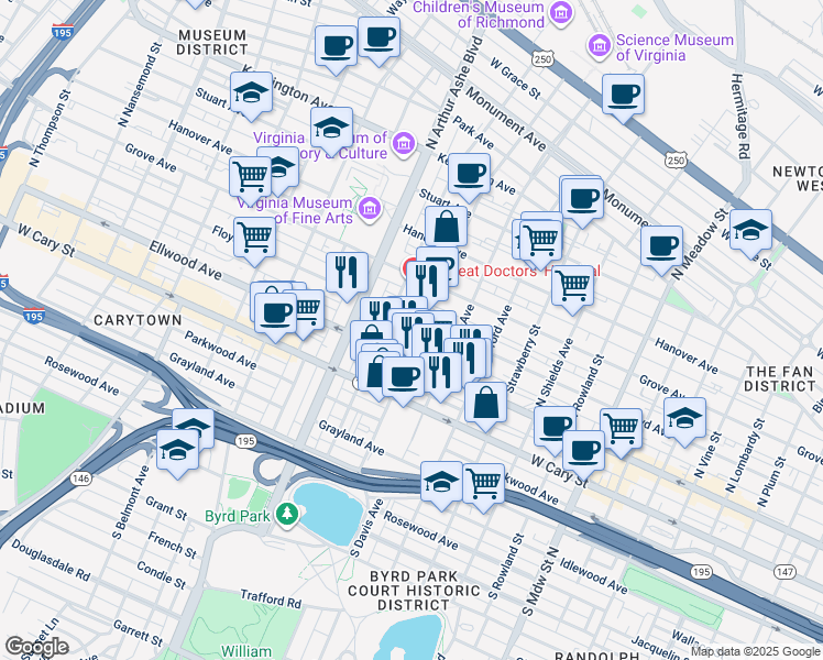 map of restaurants, bars, coffee shops, grocery stores, and more near 2607 Floyd Avenue in Richmond