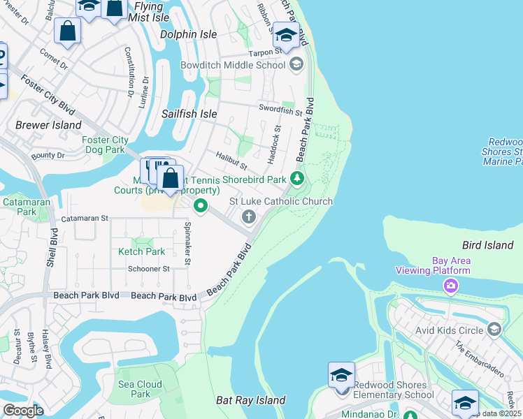 map of restaurants, bars, coffee shops, grocery stores, and more near 1246 Moonsail Lane in Foster City