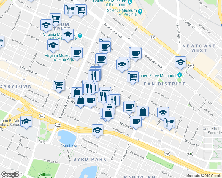 map of restaurants, bars, coffee shops, grocery stores, and more near 106 North Stafford Avenue in Richmond