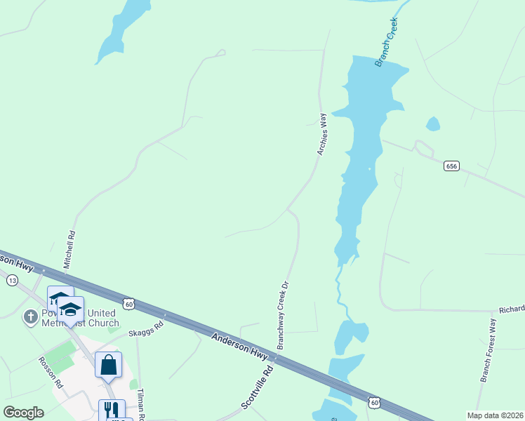 map of restaurants, bars, coffee shops, grocery stores, and more near 3780 Archies Way in Powhatan