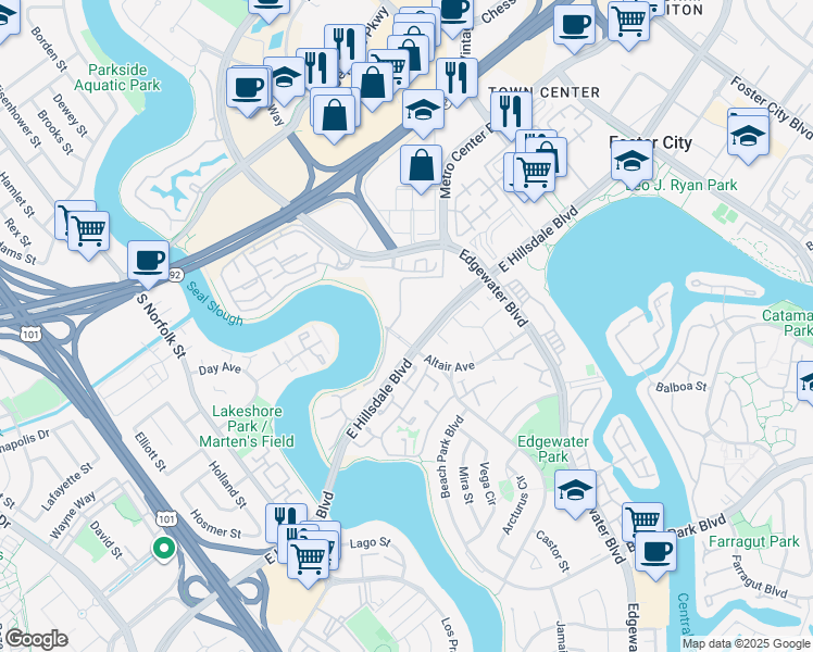map of restaurants, bars, coffee shops, grocery stores, and more near in Foster City