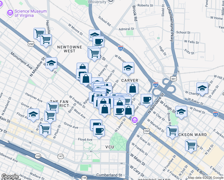 map of restaurants, bars, coffee shops, grocery stores, and more near 1116 West Marshall Street in Richmond